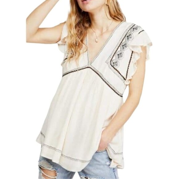 Free People Falling Water Tunic Embroidered Flutter Sleeve Cream Bohemian Relaxe - Picture 1 of 11